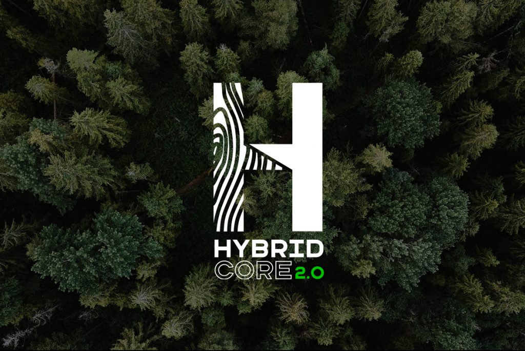 Forest from above and Hybrid Core 2.0 logo