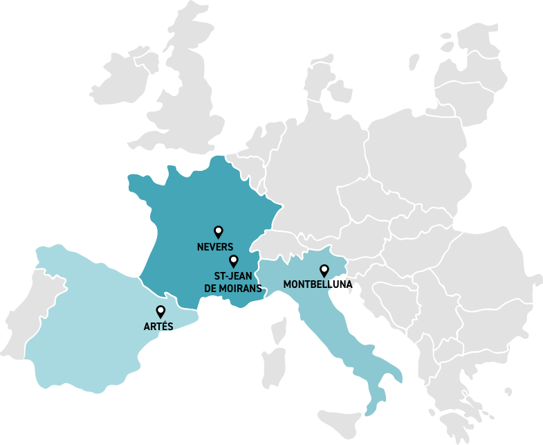 Map of Europe highlighting France, Italy, and Spain. Geographic points are indicated for the cities of Saint Jean de Moirans, Montebelluna, Nevers, and Artes.