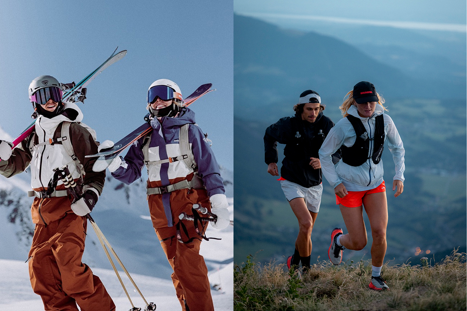On the left, two people in ski gear are looking up and smiling as they walk through the snow with their skis on their shoulders. On the right, a man and a woman are running uphill in the mountains, surrounded by green scenery.